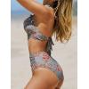 imageCUPSHE Womens Bikini Sets Two Piece Bathing Suit High Waisted Halter V Neck Ruffled Trim Ruched SwimwearMuted GreenFloral
