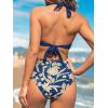 imageCUPSHE Womens Bikini Sets Two Piece Bathing Suit High Waisted Halter V Neck Ruffled Trim Ruched SwimwearOcean BlueFloral