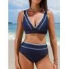 imageCUPSHE Womens Bikini Sets Two Piece Swimsuit High Waisted V Neck Crisscross Back Self Tie Color Block Wide StrapsNavy Blue