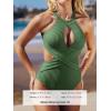 imageCUPSHE Womens One Piece Swimsuit High Neck Cutout Ribbed Texture Back Hook Hollow WrappedBean Green