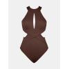 imageCUPSHE Womens One Piece Swimsuit High Neck Cutout Ribbed Texture Back Hook Hollow WrappedChocolate Brown