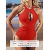 imageCUPSHE Womens One Piece Swimsuit High Neck Cutout Ribbed Texture Back Hook Hollow WrappedCrimson Red