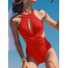 imageCUPSHE Womens One Piece Swimsuit High Neck Cutout Ribbed Texture Back Hook Hollow WrappedCrimson Red