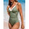 imageCUPSHE Womens One Piece Swimsuit V Neck Adjustable Straps Back Cutout Ruched Color Block Bathing SuitGreenWhite
