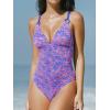 imageCUPSHE Womens One Piece Swimsuit V Neck Tummy Control Double Adjustable Straps Back Cutout ORingPurplePink Floral
