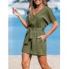 imageCUPSHE Womens Romper Woven Ribbed V Neck Short Sleeves Straight leg Outfit Casual DressyGreen