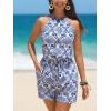 imageCUPSHE Womens Summer Romper Floral Print Boho Sleeveless Halter Wide Leg Paisley Beach Vacation Jumpsuit Trendy 2025Blue