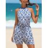 imageCUPSHE Womens Summer Romper Floral Print Boho Sleeveless Halter Wide Leg Paisley Beach Vacation Jumpsuit Trendy 2025Blue