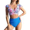 imageCUPSHE Womens Bikini Sets Ruffle Wrapped Front Cutout Crisscross Tie Back Bathing Suit Ruched High Rise BottomBlue Floral