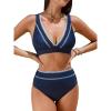 imageCUPSHE Womens Bikini Sets Two Piece Swimsuit High Waisted V Neck Crisscross Back Self Tie Color Block Wide StrapsNavy Blue