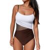 imageCUPSHE Womens One Piece Swimsuit Bathing Suit Scoop Neck Cutout Back Hook Color Block Mesh SwimwearDark BrownWhite
