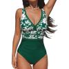 imageCUPSHE Womens One Piece Swimsuit Bathing Suit V Neck Adjustable Straps Ruched Mesh Back HookGreenFloral