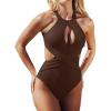 imageCUPSHE Womens One Piece Swimsuit High Neck Cutout Ribbed Texture Back Hook Hollow WrappedChocolate Brown