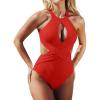 imageCUPSHE Womens One Piece Swimsuit High Neck Cutout Ribbed Texture Back Hook Hollow WrappedCrimson Red