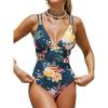 imageCUPSHE Womens One Piece Swimsuit V Neck Tummy Control Double Adjustable Straps Back Cutout ORingTeal BlueFloral