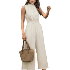 imageCUPSHE Women Floral Summer Maxi Jumpsuit with Pocket Mock Neck Elastic Waist Overall Wide Leg Business Casual Holiday RomperBeige