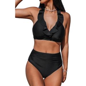 imageCUPSHE Womens Bikini Sets Two Piece Bathing Suit High Waisted Halter V Neck Ruffled Trim Ruched SwimwearBlack