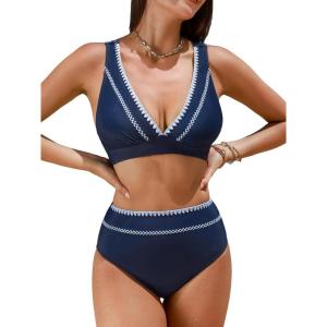 imageCUPSHE Womens Bikini Sets Two Piece Swimsuit High Waisted V Neck Crisscross Back Self Tie Color Block Wide StrapsNavy Blue