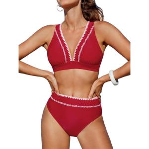 imageCUPSHE Womens Bikini Sets Two Piece Swimsuit High Waisted V Neck Crisscross Back Self Tie Color Block Wide StrapsVivid Red