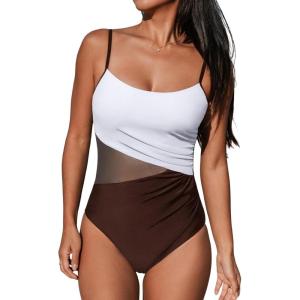 imageCUPSHE Womens One Piece Swimsuit Bathing Suit Scoop Neck Cutout Back Hook Color Block Mesh SwimwearDark BrownWhite