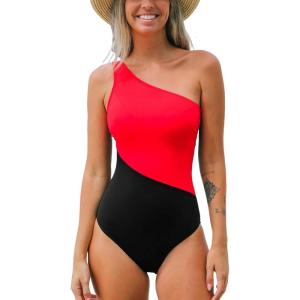 imageCUPSHE Womens One Piece Swimsuit One Shoulder Tummy Control Slimming Bathing Suit Fixed StrapsRed Black