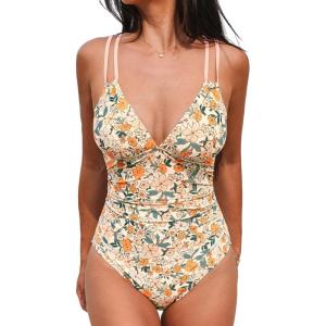 imageCUPSHE Womens One Piece Swimsuit V Neck Tummy Control Double Adjustable Straps Back Cutout ORingOrangeYellow Floral