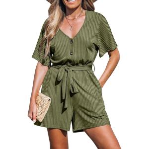 imageCUPSHE Womens Romper Woven Ribbed V Neck Short Sleeves Straight leg Outfit Casual DressyGreen