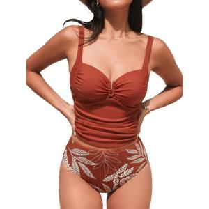 imageCUPSHE Womens Tankini Sets Two Piece Swimsuit High Waisted Sweetheart Neck Front U Cutout Adjustable StrapsBrick RedTropical