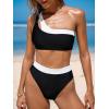 imageCUPSHE Womens Bikini Sets Two Piece Swimsuit High Waisted One Shoulder Neck Cutout Color Block CheekyBlackWhite