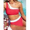imageCUPSHE Womens Bikini Sets Two Piece Swimsuit High Waisted One Shoulder Neck Cutout Color Block CheekyRedWhite