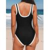 imageCUPSHE Womens One Piece Swimsuit Bathing Suit Scoop Neck Color Block U Back Wide Straps BondedBlackWhite