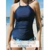imageCUPSHE Womens Tankini Sets Two Piece Swimsuit High Neck Halter Mid Rise Adjustable DrawstringsNavy BluePaisley