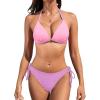 imageCUPSHE Womens Bikini Sets Halter Plunging Neck Tie Back Color Block Bathing Suit Adjustable Straps Side DrawstringPinkLavender
