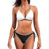 imageCUPSHE Womens Bikini Sets Halter Plunging Neck Tie Back Color Block Bathing Suit Adjustable Straps Side DrawstringWhiteBlack