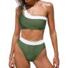 imageCUPSHE Womens Bikini Sets Two Piece Swimsuit High Waisted One Shoulder Neck Cutout Color Block CheekyForest GreenWhite