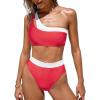 imageCUPSHE Womens Bikini Sets Two Piece Swimsuit High Waisted One Shoulder Neck Cutout Color Block CheekyRedWhite