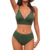 imageCUPSHE Womens Bikini Sets Two Piece Swimsuit Plunging Neck Textured Bathing Suit Cross Back Self Tie Mid Rise SwimwearOlive Green