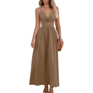 imageCUPSHE Women Casual Dress Beach Sleeveless V Neck Summer Cutout Spaghetti Straps Formal Maxi Sun DressesCoffee