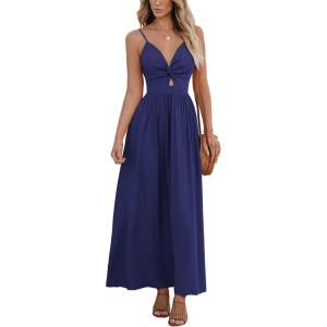 imageCUPSHE Women Casual Dress Beach Sleeveless V Neck Summer Cutout Spaghetti Straps Formal Maxi Sun DressesNavy Blue