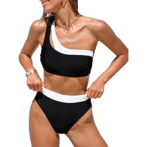 imageCUPSHE Womens Bikini Sets Two Piece Swimsuit High Waisted One Shoulder Neck Cutout Color Block CheekyBlackWhite