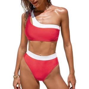 imageCUPSHE Womens Bikini Sets Two Piece Swimsuit High Waisted One Shoulder Neck Cutout Color Block CheekyRedWhite