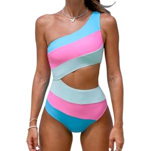 imageCUPSHE Womens One Piece Swimsuit One Shoulder Bathing Suit Cutout Color Block SwimwearPinkBlue
