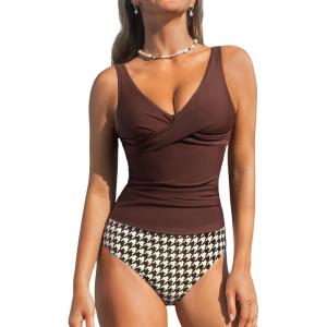 imageCUPSHE Womens Tankini Set Two Piece Swimsuit Mid Rise with Twist Shirred Front RuchedBrownHoundstooth