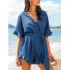 imageCUPSHE Womens Half Sleeves Romper Surplice Neck Waist Tie Wide Leg Ruffle Cute Jumpsuit Beach Vacation OutfitsBlue