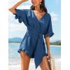 imageCUPSHE Womens Half Sleeves Romper Surplice Neck Waist Tie Wide Leg Ruffle Cute Jumpsuit Beach Vacation OutfitsBlue