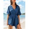 imageCUPSHE Womens Half Sleeves Romper Surplice Neck Waist Tie Wide Leg Ruffle Cute Jumpsuit Beach Vacation OutfitsBlue