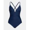 imageCUPSHE Womens One Piece Swimsuit Plunging V Wire Neck Bathing Suit Ruched Crisscross Lace up Back Tie SwimwearNavy Blue