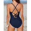 imageCUPSHE Womens One Piece Swimsuit Plunging V Wire Neck Bathing Suit Ruched Crisscross Lace up Back Tie SwimwearNavy Blue