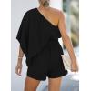 imageCUPSHE Womens One Shoulder Romper 34 Sleeve Wide Leg Mini Jumpsuit Short Draped Bodice Romper Casual Summer Loose OutfitBlack