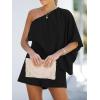 imageCUPSHE Womens One Shoulder Romper 34 Sleeve Wide Leg Mini Jumpsuit Short Draped Bodice Romper Casual Summer Loose OutfitBlack